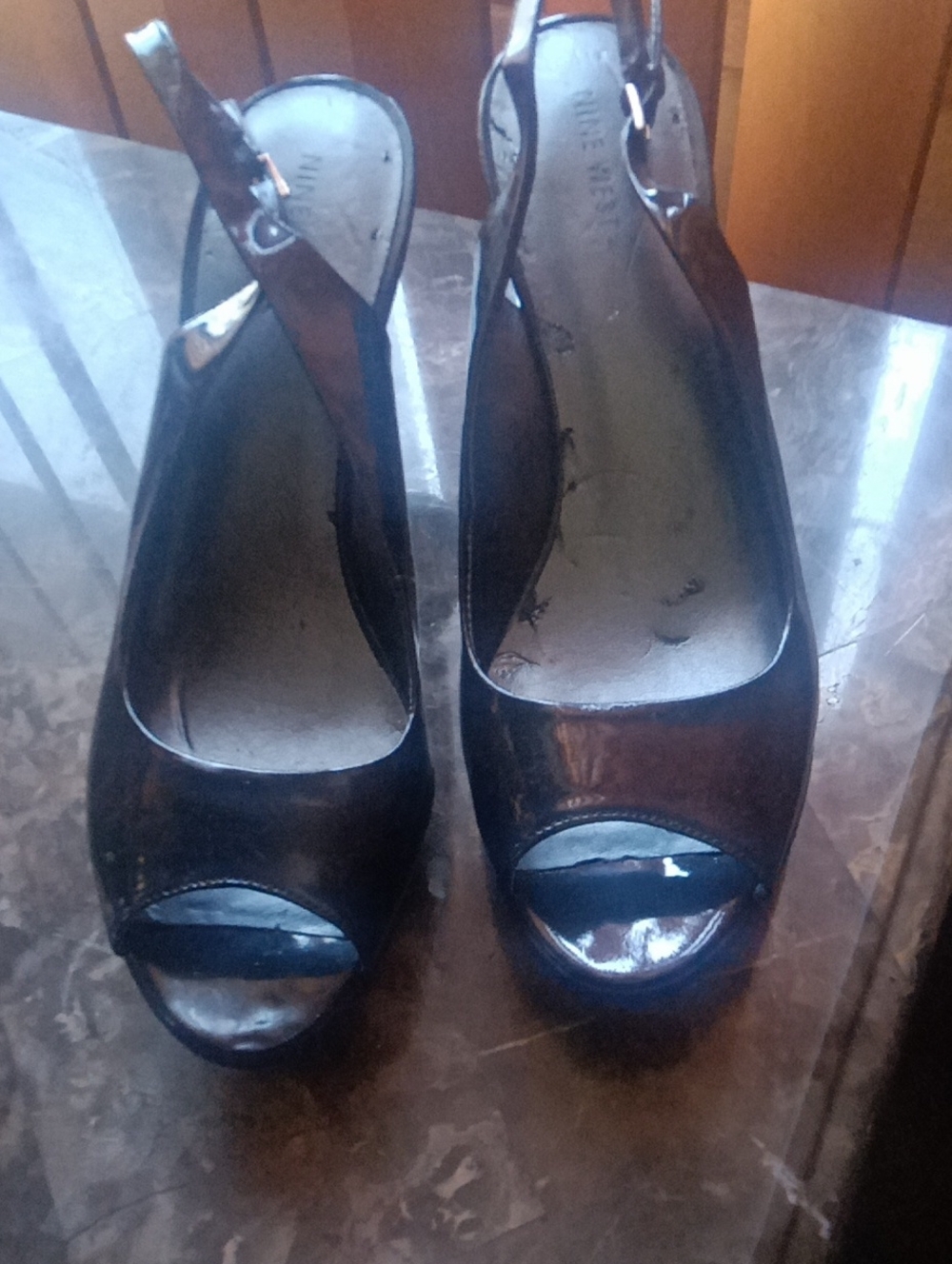 Nine West Black Patent Peep-Toe Slingback Heels